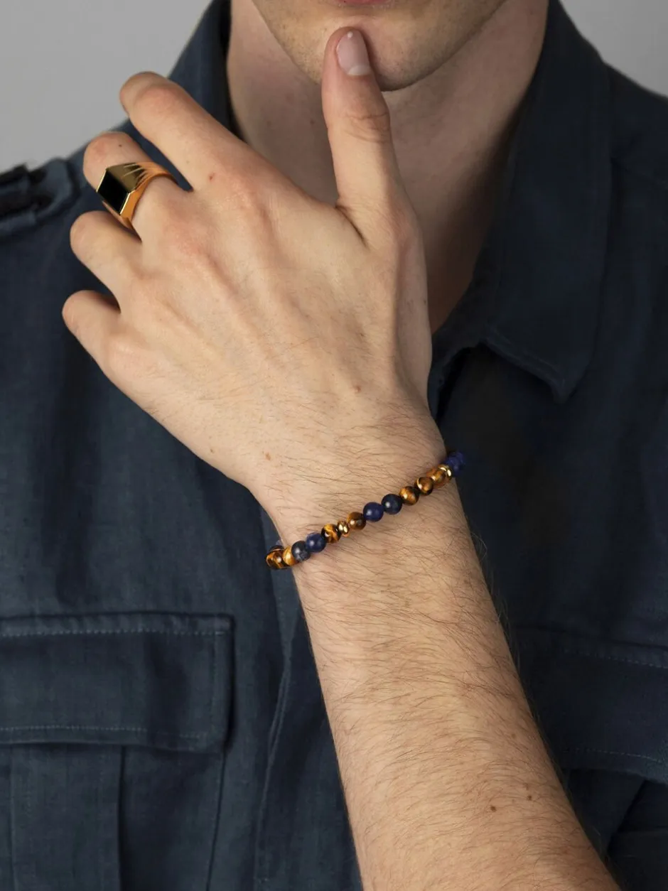 Nialaya Smykker>Men's Beaded Bracelet with Dumortierite, Brown Tiger Eye and