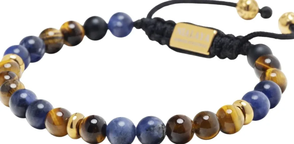 Nialaya Smykker>Men's Beaded Bracelet with Dumortierite, Brown Tiger Eye and