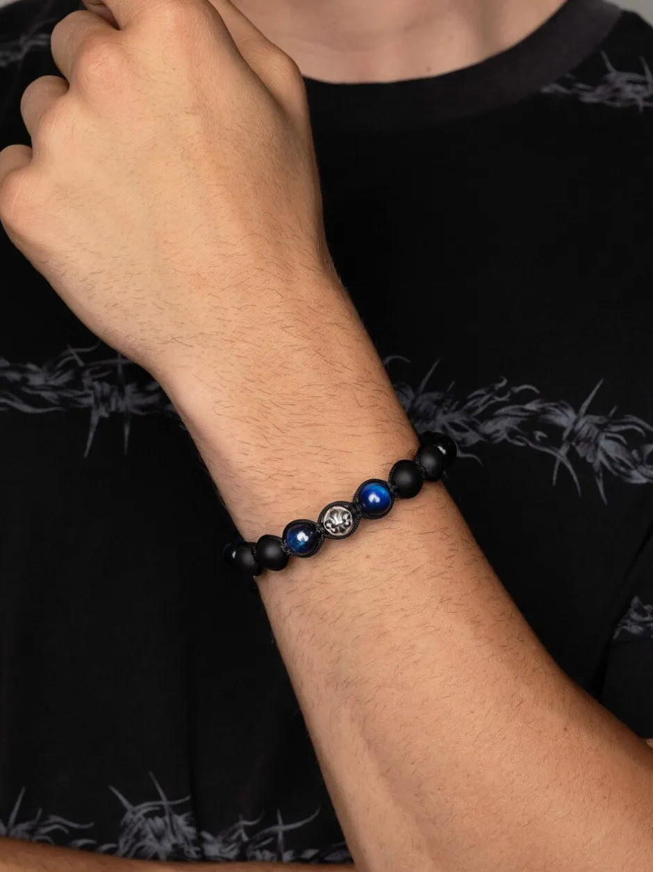 Nialaya Smykker>Men's Beaded Bracelet with Tiger Eye and Black Onyx