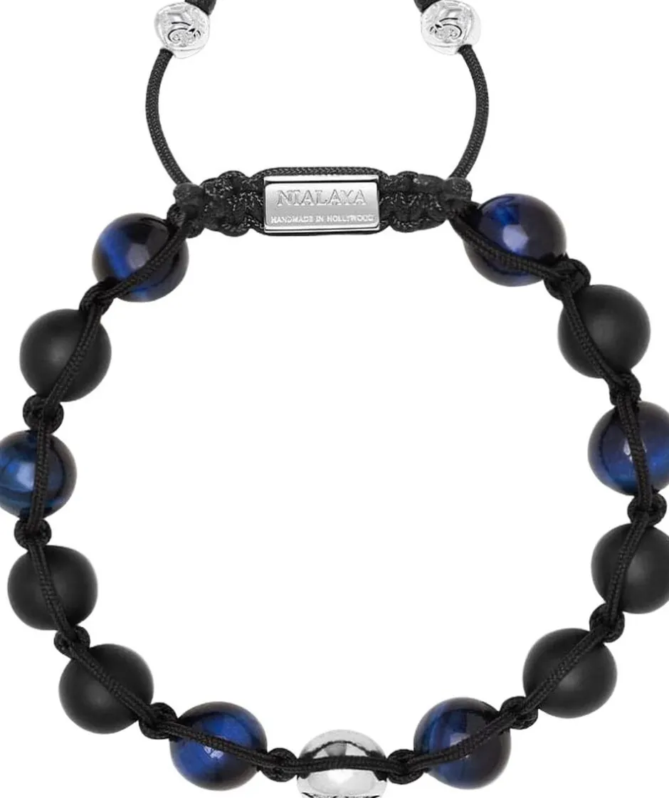 Nialaya Smykker>Men's Beaded Bracelet with Tiger Eye and Black Onyx