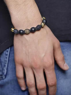 Men's Beaded Bracelet with Matte Onyx and /Gold CZ Diamonds-Nialaya