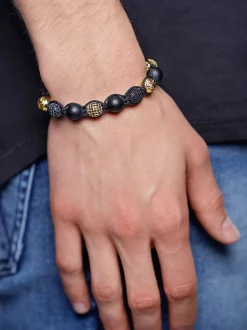 Men's Beaded Bracelet with Matte Onyx and /Gold CZ Diamonds-Nialaya