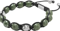 Nialaya Smykker>Men's Beaded Bracelet with Matte Green, Glossy Green Ceramic & Silver