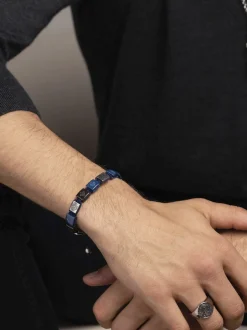Men's Ceramic Flatbead Bracelet in Blue and Silver-Nialaya Discount