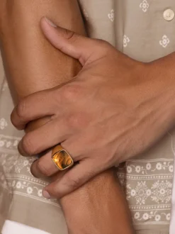 Best Men's Gold Signet Ring with Brown Tiger Eye Smykker