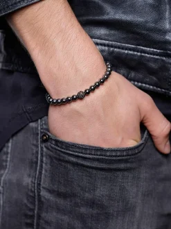Nialaya Smykker>Men's Wristband with Hematite and CZ Diamond