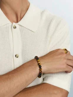 Nialaya Smykker>Men's Wristband with Matte Onyx and Brown Tiger Eye