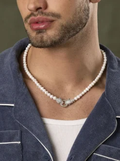 Nialaya Smykker>Pearl Choker with Double Panther Head in Silver