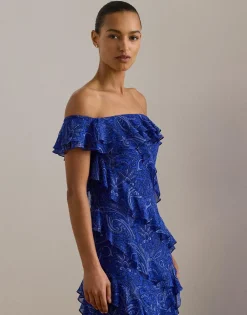 Clearance Print Ruffle-Trim Off-the-Shoulder Gown Dame Kjoler