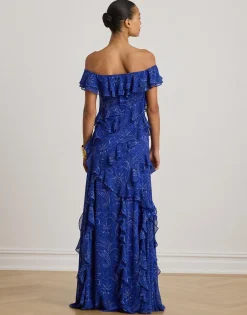 Clearance Print Ruffle-Trim Off-the-Shoulder Gown Dame Kjoler