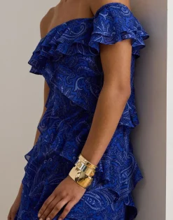 Clearance Print Ruffle-Trim Off-the-Shoulder Gown Dame Kjoler