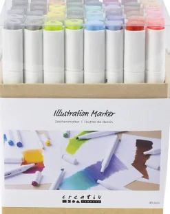 Tegnetusch, streg 1+8 mm, standardfarver, 48stk. Børn Kreativitet