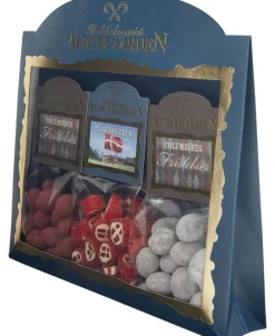 Almuegaarden Blandet Kurve|Bolcher>Tillykke-Gaveæske med danske flag bolcher og choko-mandler