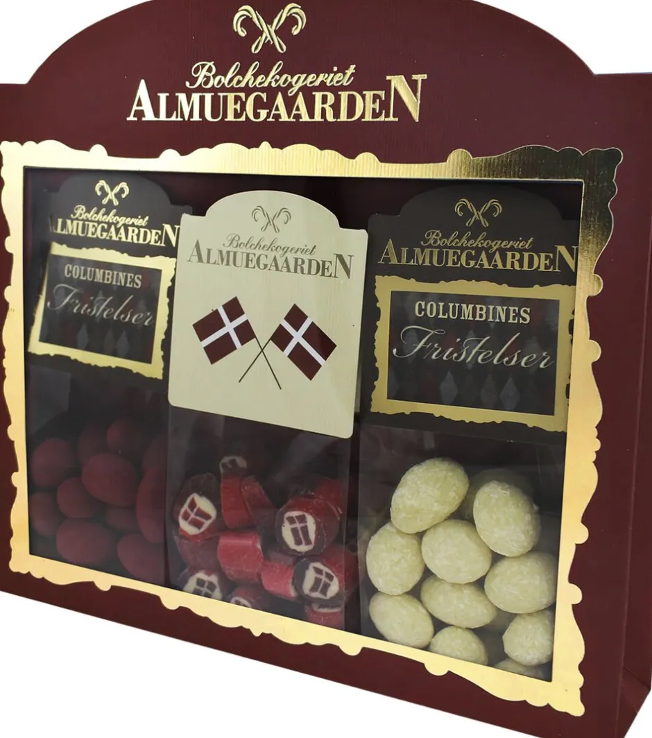 Clearance Tillykke-Gaveæske med flag bolcher, hindbær choko-mandeler og sne chok Bolcher